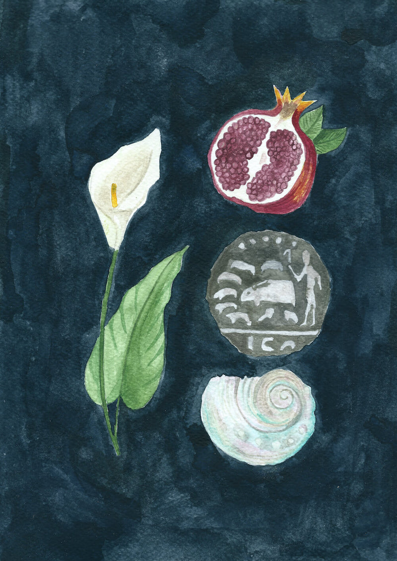 Offerings to King Moon (A death lily, a pomegranate, a silver coin and a beautiful shell) 2022